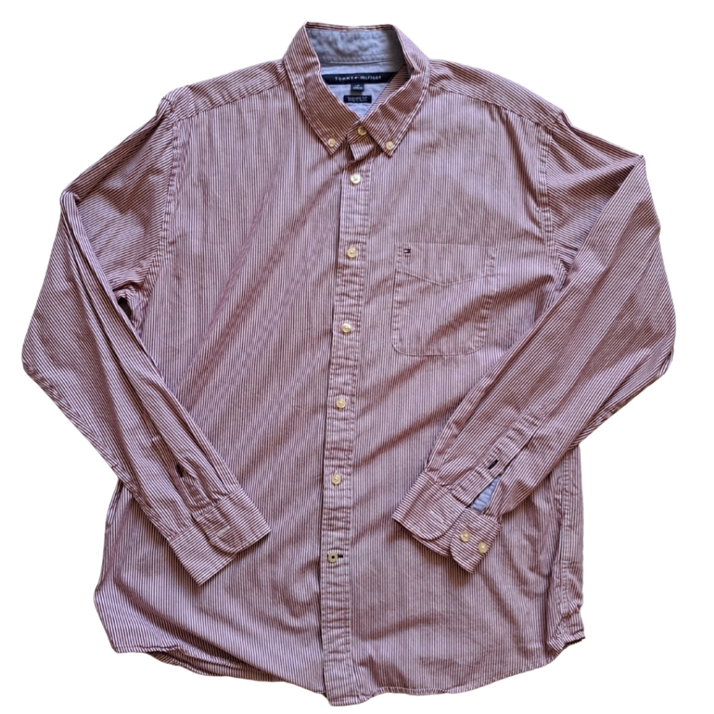 Tommy Hilfiger 100 % Cotton button-down men's shirt size large. Red and white